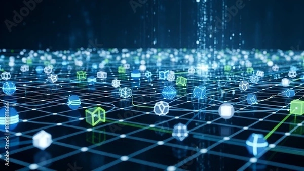 Fototapeta Digital Blockchain Network with Glowing Icons on Grid Technology Background