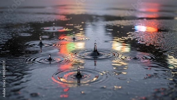 Obraz Rain Droplets Falling on Water with Colorful Reflections in a Calm Urban Scene