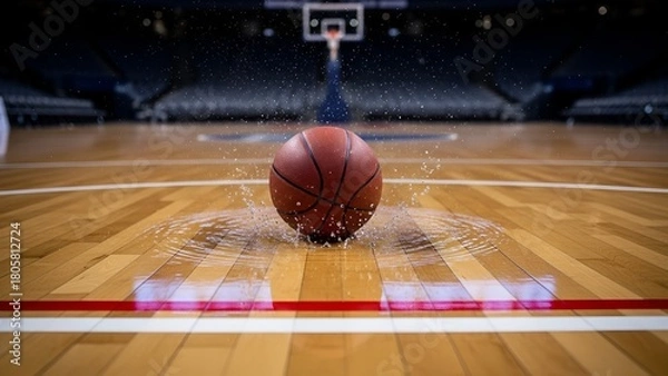 Fototapeta Basketball Dropping on Wooden Court During Game in Empty Sports Arena