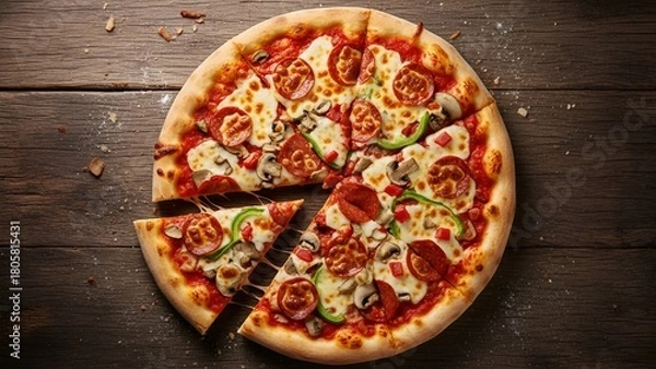 Fototapeta Cheese and Vegetable Pizza on Wooden Surface with Slice Removed