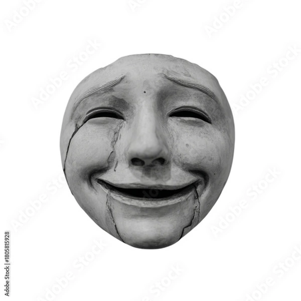 Obraz Eerie monochrome mask with a paradoxical expression of smiling through tears, exploring themes of hidden sadness, emotional complexity, and the masks we wear in modern society