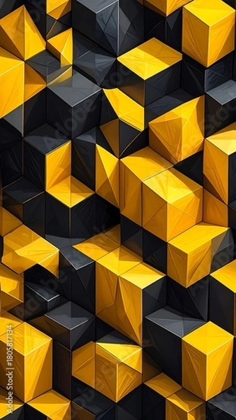 Fototapeta Abstract geometric pattern of black and yellow cubes in a dense, textured, and three-dimensional arrangement