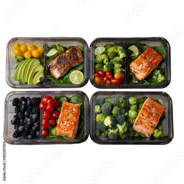 Fototapeta Delicious salmon meal prep containers filled with fresh ingredients for a healthy lifestyle, perfect for fitness enthusiasts and busy professionals maintaining a balanced diet