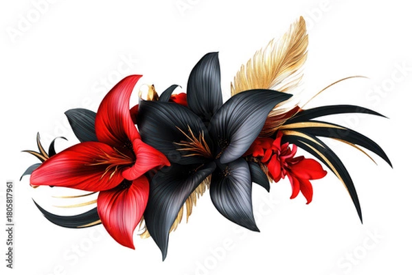 Obraz A floral arrangement featuring striking red and black lilies intertwined with golden leaves. set against a clean white background. ideal for decorative or artistic use