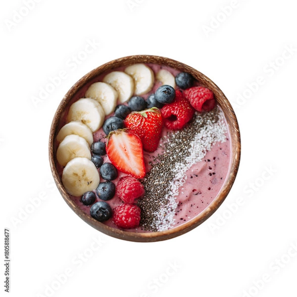 Fototapeta Delicious and vibrant smoothie bowl filled with fresh strawberries, blueberries, raspberries, bananas, and chia seeds for a healthy breakfast or snack