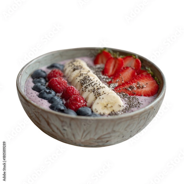 Fototapeta Invigorating smoothie bowl topped with fresh strawberries, blueberries, raspberries, and bananas sprinkled with chia seeds for a healthy, vibrant breakfast