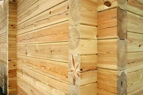 Obraz Wall and corner of planed pine log cabin