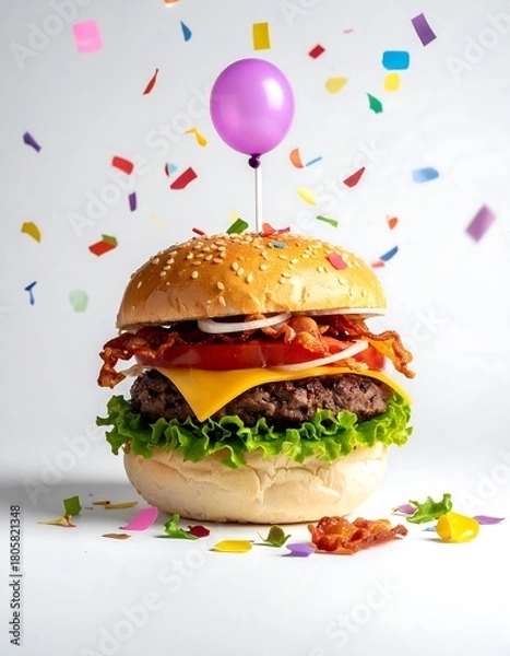 Fototapeta A tall burger with bacon, cheese, lettuce, tomato, and a tiny balloon on a white background with confetti falling