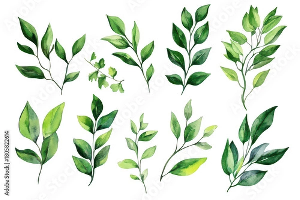 Fototapeta A collection of beautifully illustrated green leaves in various shapes and sizes. natural beauty and diversity. perfect for botanical designs and eco-friendly themes