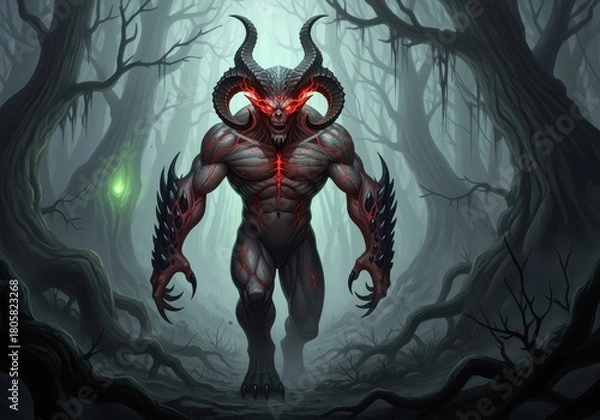 Obraz A menacing demon strides through a dark, ominous forest, its red eyes glowing with malevolent intent.