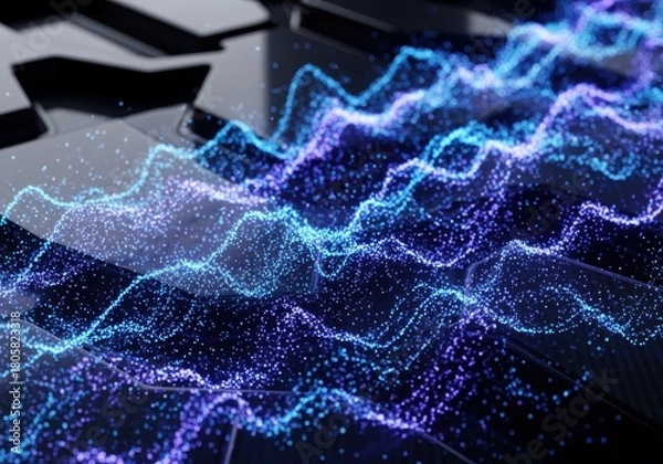 Obraz Abstract digital art piece showcasing a vibrant display of flowing, luminous particles in a wave-like formation.