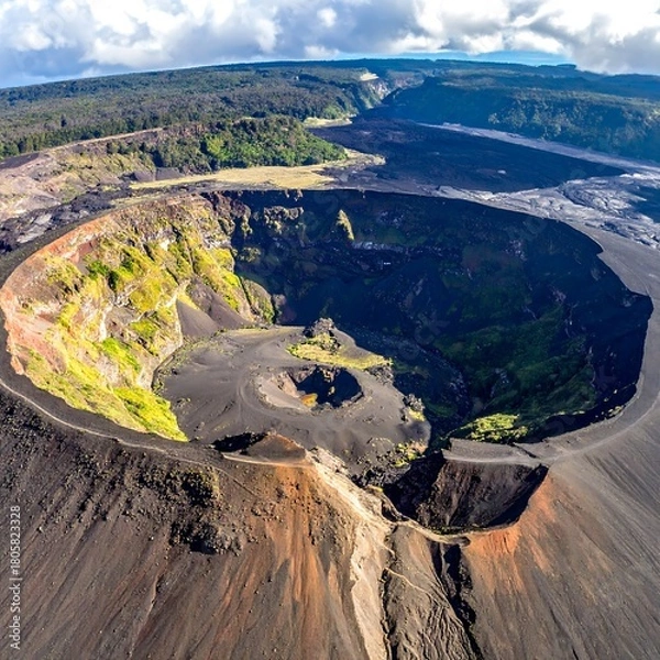 Fototapeta Aerial view of a vast, deep volcanic crater filled with contrasting dark, green, and orange hues, landscape scene