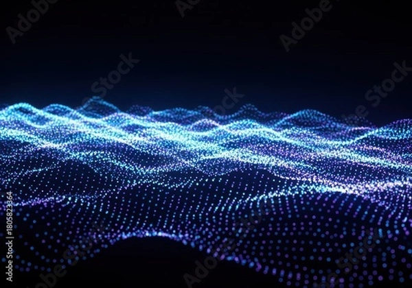 Obraz Abstract digital illustration of a glowing, undulating surface composed of countless blue and purple particles.