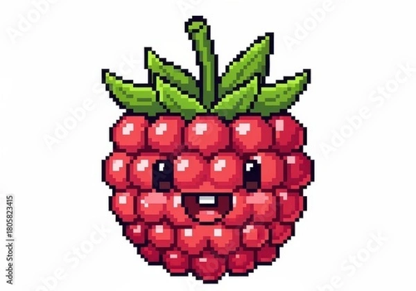 Obraz Pixelated illustration of a happy raspberry with a green stem and leaves, smiling cheerfully.