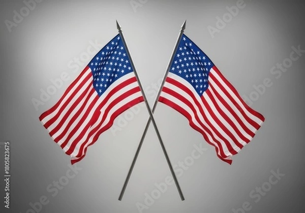 Obraz Two American flags are crossed against a gray background, symbolizing unity and patriotism.