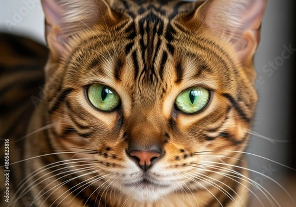 Obraz Close-up portrait of a Bengal cat with striking green eyes, showcasing its unique coat pattern.