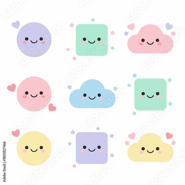 Fototapeta Cute Pastel Shapes with Smiling Faces and Hearts.