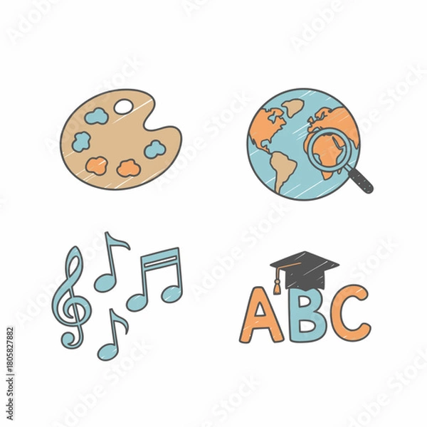 Fototapeta Educational Icons Representing Arts Geography Music and Academics in a Colorful Illustration.