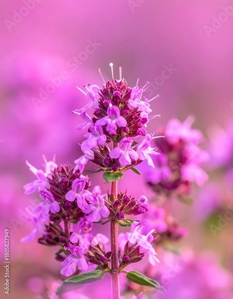 Fototapeta A tall plant blooms with stacked sections of small purple flowers with threadlike pistils, against a blurred pink