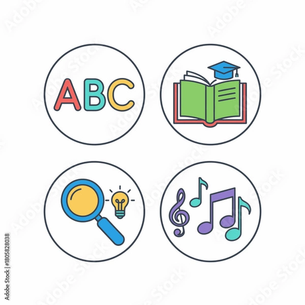 Fototapeta Educational Icons Set Alphabet Book Magnifying Glass and Music Notes.