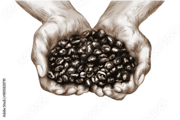Fototapeta Coffee Bean Sketch in Human Hands. Illustrated hands holding a pile of coffee beans in a detailed sepia style, emphasizing texture, organic harvest, and artisanal coffee production
