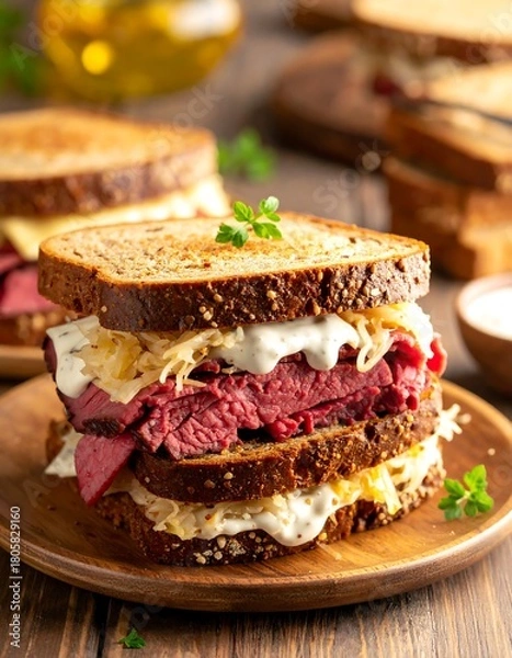 Fototapeta A tall Reuban sandwich sits on a wooden plate, layers of meat, kraut, and sauce between dark, textured bread slices