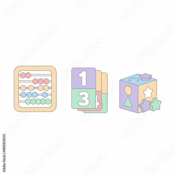Fototapeta PastelColored Educational Toys Abacus Number Cards and Shape Sorter.