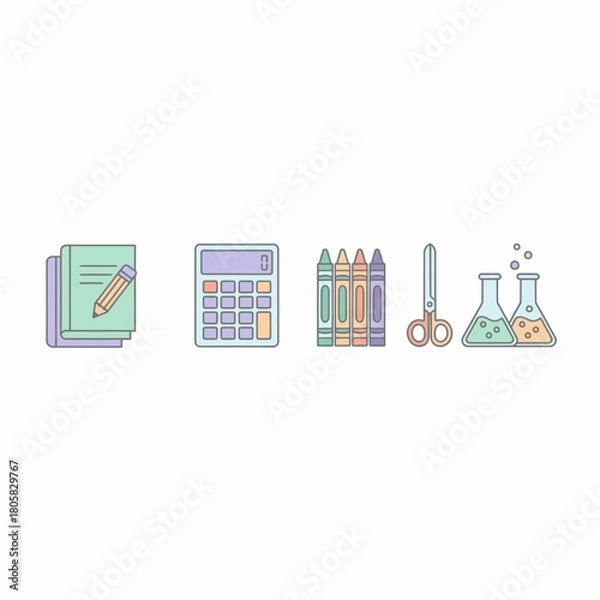 Fototapeta School Supplies Notebook Calculator Crayons Scissors and Beakers.