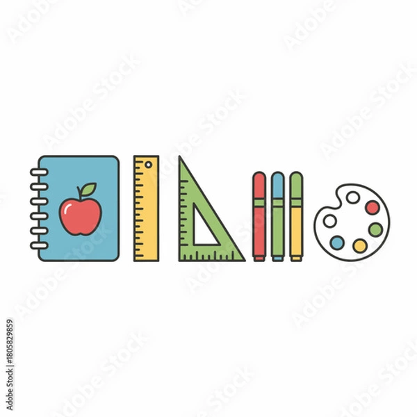 Fototapeta School Supplies Illustration Notebook Ruler Triangle Markers and Palette.