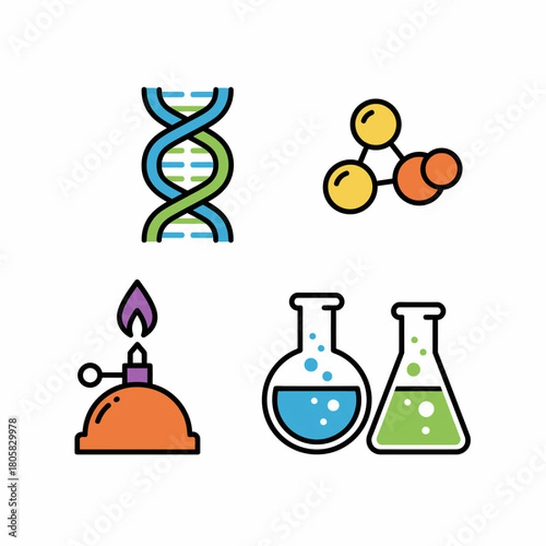 Fototapeta Science and Chemistry Icons DNA Molecule Bunsen Burner and Flasks.