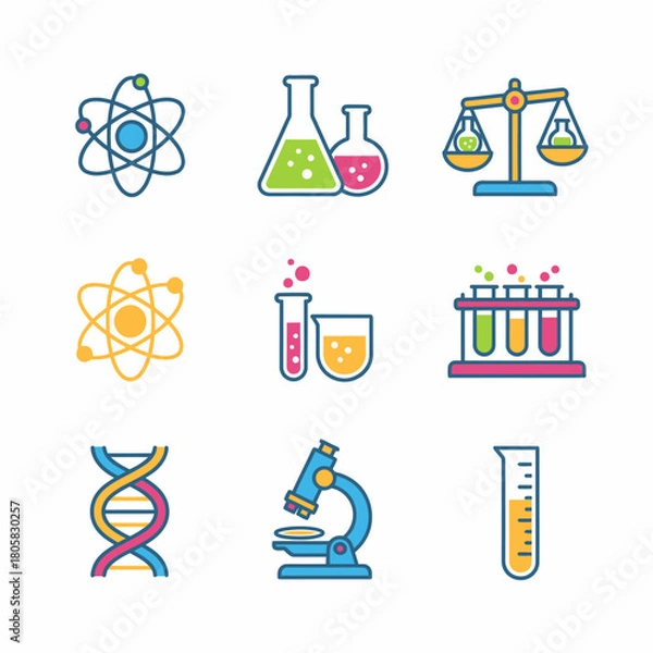 Fototapeta Science and Laboratory Equipment Icons A Colorful Vector Illustration.