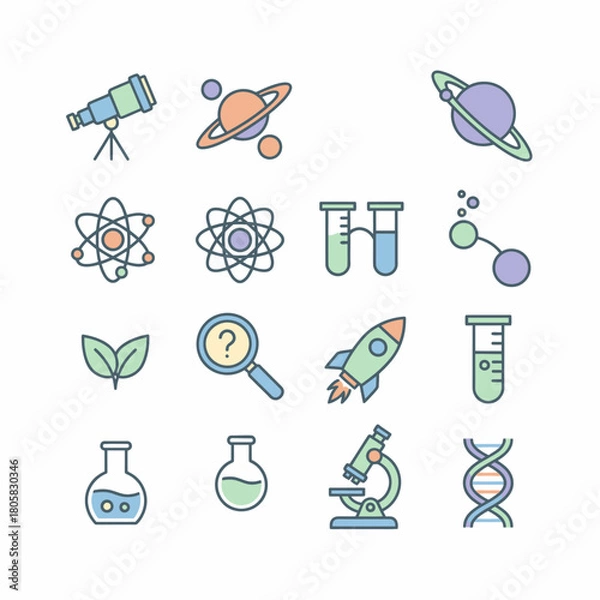 Fototapeta Science and Research Icons Telescope Planets Atoms and Lab Equipment.