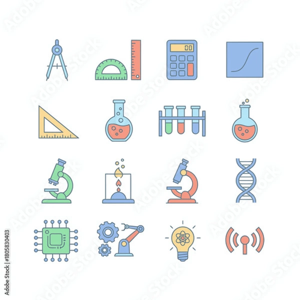 Fototapeta Science and Technology Icons A Colorful Collection of Scientific Instruments and Technological Symbols.