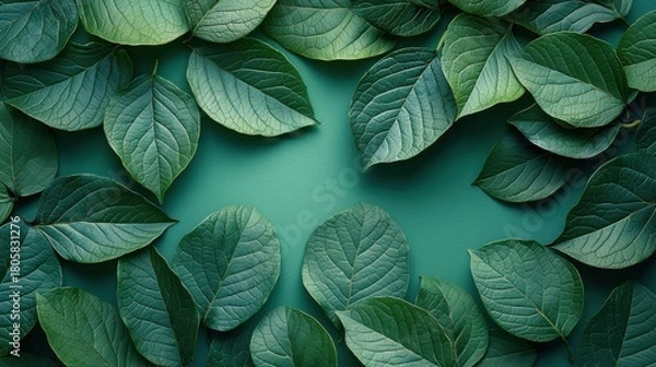 Obraz Flat Lay of Ya Nang (Tiliacora triandra) Leaves on Soft Pastel Green Background
