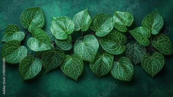 Fototapeta Flat Lay of Ya Nang (Tiliacora triandra) Leaves on Soft Pastel Green Background
