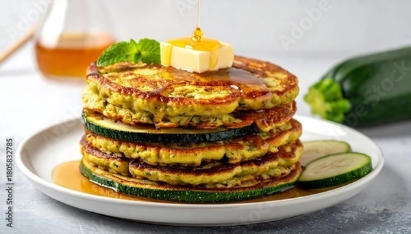 Fototapeta A tall stack of zucchini pancakes topped with butter, mint, and syrup on a white plate