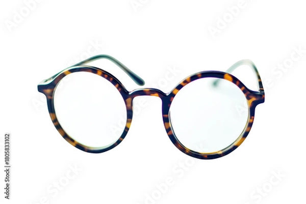 Obraz A stylish pair of round tortoiseshell glasses placed on a clean white surface. their unique design and elegance. perfect for fashion or eyewear-related content