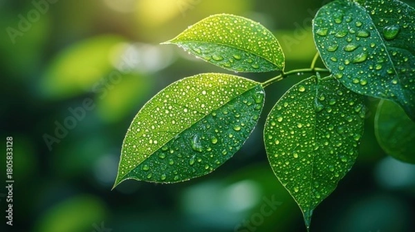 Fototapeta Fresh Green Leaf Covered with Dew Drops
