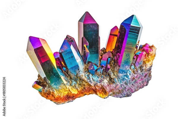 Obraz A cluster of iridescent crystals a spectrum of colors. illuminated against a clean white background. highlighting their unique formations and natural beauty