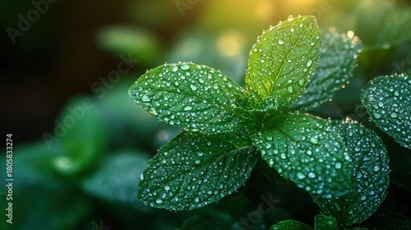 Fototapeta Fresh Green Leaf Covered with Dew Drops
