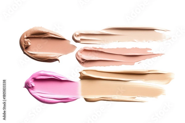 Obraz A arrangement of various cream and liquid foundation swatches on a clean white background. a range of skin tones for makeup application and beauty product marketing