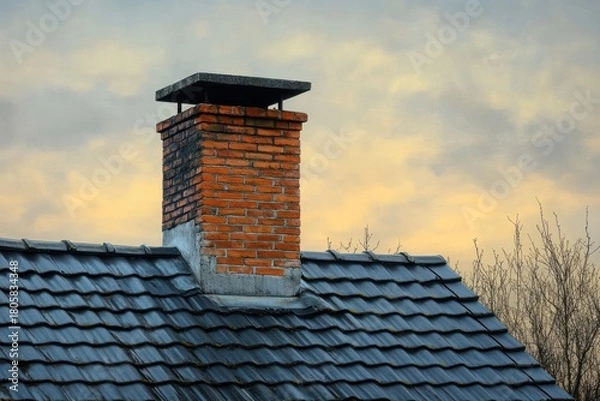 Fototapeta brick chimney with cap on a dark tiled roof beneath a moody yellow dusk sky with bare tree branches, calm and solitary atmosphere