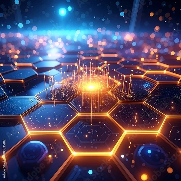 Fototapeta Abstract glowing honeycomb pattern with golden lights and digital lines creating a futuristic technology vibe