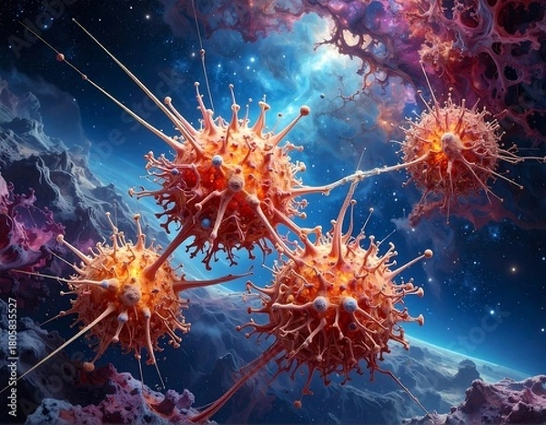 Fototapeta Abstract glowing orbs connected by thin lines, against a surreal, cosmic background with a planet-like form