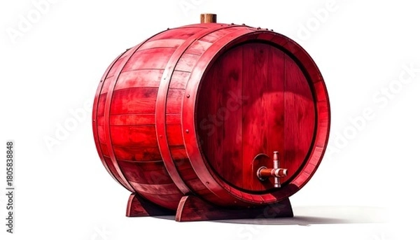 Obraz A wooden barrel with a spigot, deeply red in color, resting on a small wooden stand, set against a white backdrop