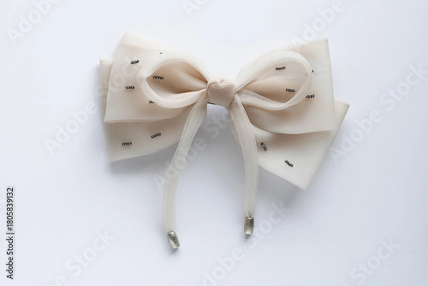Fototapeta An elegant sheer fabric bow with delicate beaded detailing and long ribbons, isolated on a white background.