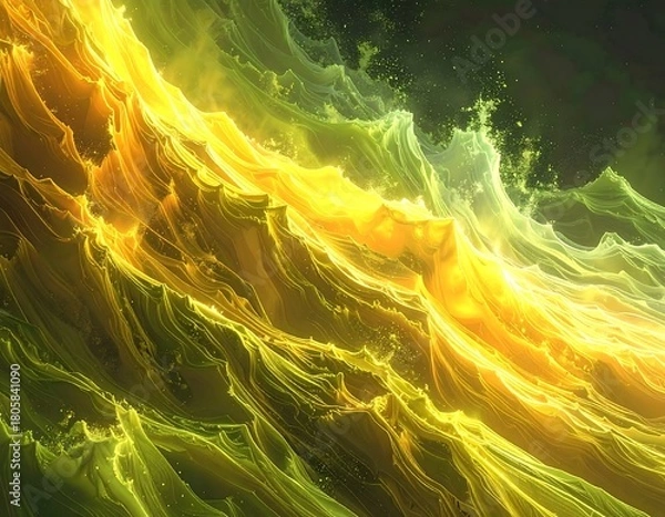 Fototapeta Abstract, glowing waves of green and gold, like ethereal ocean, cresting and luminous against a dark background