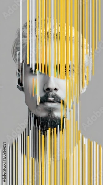 Fototapeta Abstract Portrait of Man with Digital Glitch Art in Yellow and Gray Tones