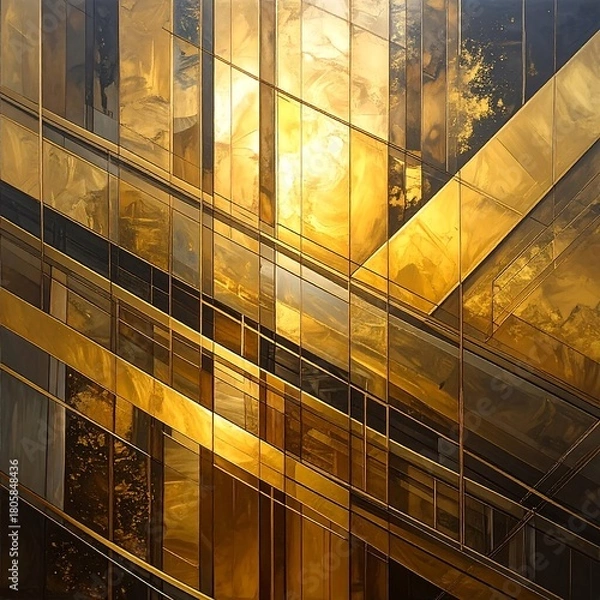 Fototapeta Abstract golden structure reflects light; diagonal patterns create a modern, luxurious, geometric effect