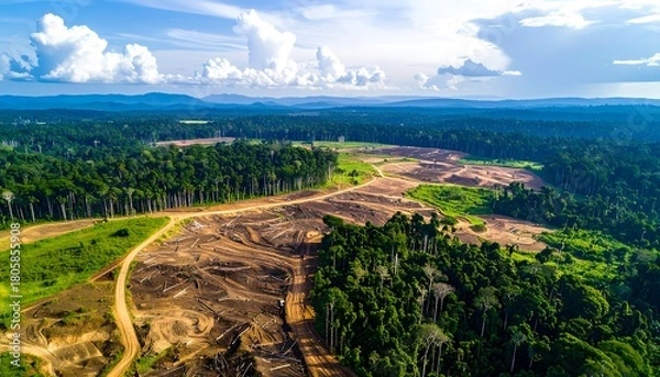 Fototapeta Aerial view of deforestation; clearing encroaches dense forest under a bright, cloudy sky, distant hills